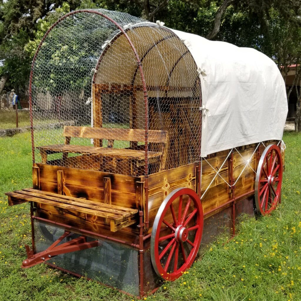 A wagon-style chicken coop.